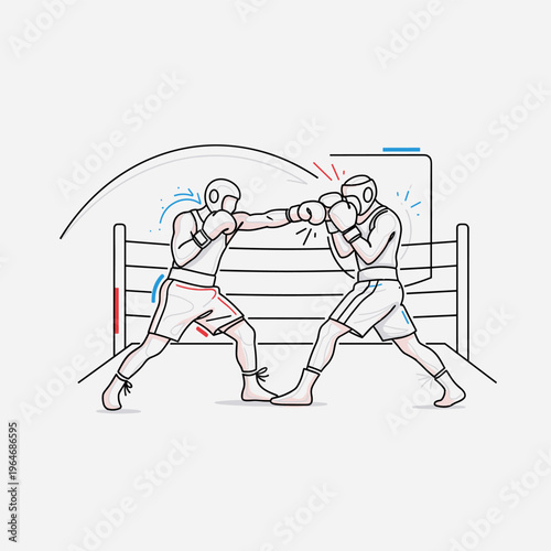Boxing match line art vector, professional boxers fighting in ring, minimalist sports competition illustration