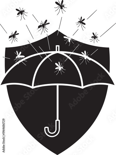 Shield and umbrella protecting against mosquitoes symbolizing defense against disease and insect bites offering safety and security from health threats.