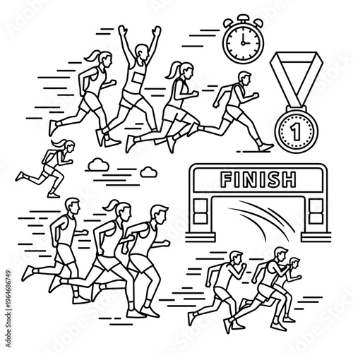 Marathon runners line art vector, athletes racing to finish line, sports competition icons with stopwatch and gold medal