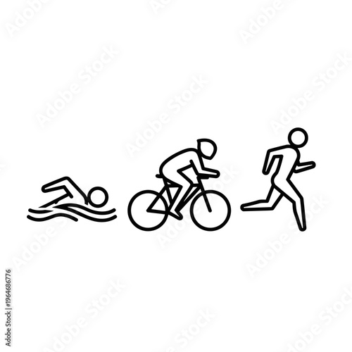 Triathlon athlete icons set, swimming cycling and running vector symbols, minimalist black line art sports competition graphics