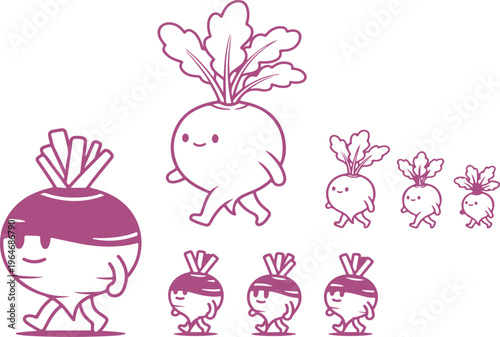 A large purple root vegetable with a face walking with smaller versions