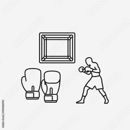 Boxing icon set with boxer silhouette, leather boxing gloves and ring, minimalist sports line art vector illustration