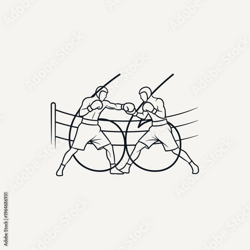 Minimalist boxing line art vector, professional boxers fighting in ring, athletic combat sports illustration for gym branding