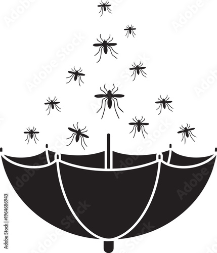 Open umbrella above swarm of mosquitoes symbolizing protection and prevention from insect borne diseases and health risks during outdoor activities.