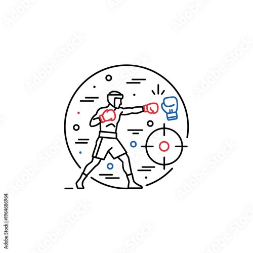 Boxing athlete training icon, professional boxer punching target vector, martial arts combat sport line art illustration