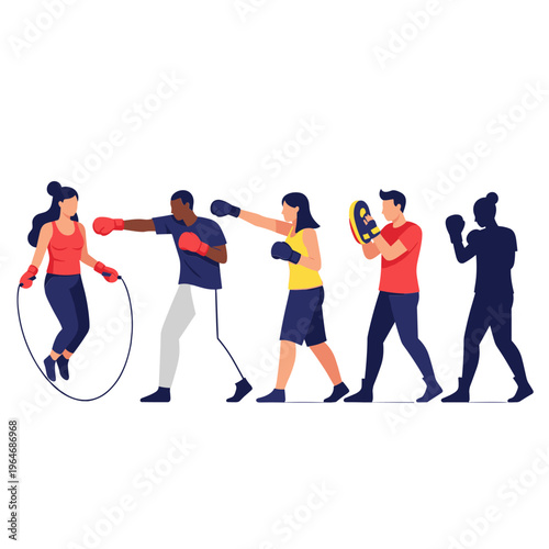 Boxing training flat vector set, diverse athletes workout in gym, people boxing and jumping rope for fitness