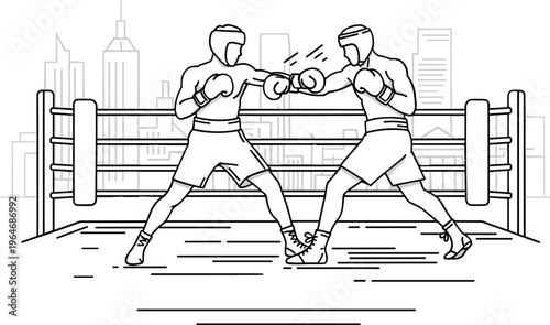 Boxing match line art vector, professional boxers fighting in ring, minimalist sports competition illustration