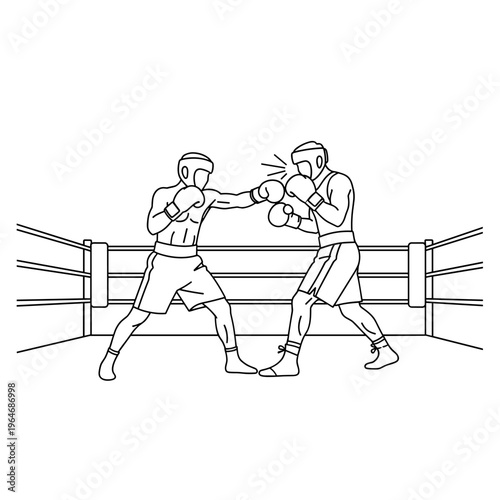 Boxing match line art vector, two boxers fighting in a ring, professional boxing competition outline illustration