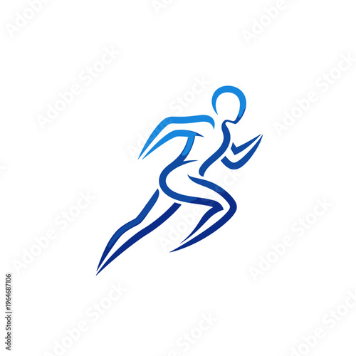 Dynamic running man logo vector, blue stylized athlete silhouette, abstract sprinting figure icon for sports and fitness