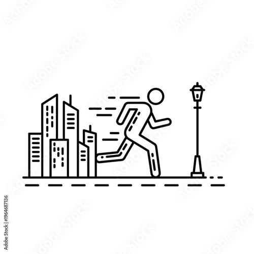 Minimalist line art running man vector, urban marathon runner in city skyline, black and white jogging athlete illustration