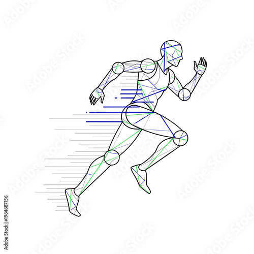 Futuristic running man vector illustration, geometric athlete sprinting with motion lines, digital sports technology concept