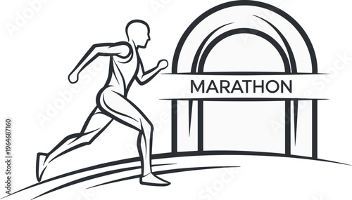 Marathon runner line art vector, athletic man sprinting past finish line, minimalist sports competition logo with marathon text