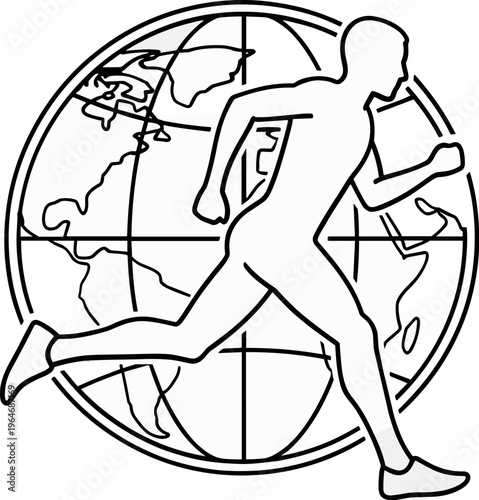 Minimalist runner line art, male athlete jogging in front of world globe, global fitness and marathon vector icon