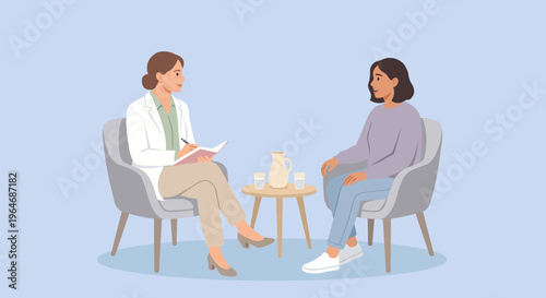 A flat vector illustration of a female therapist talking to a patient