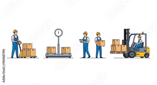 Workers managing and transporting cardboard boxes in a warehouse environment