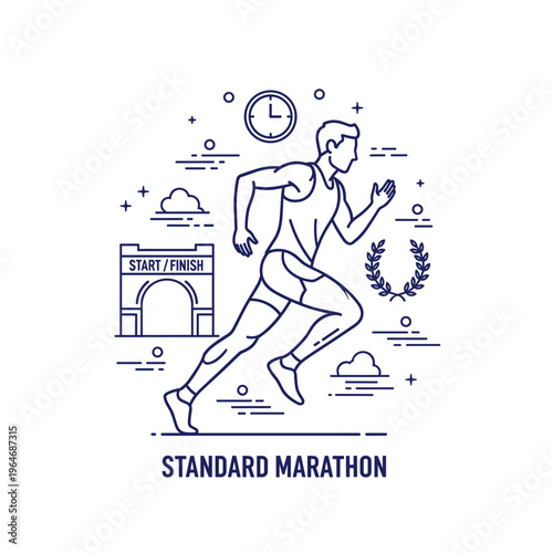 Standard marathon runner vector illustration, male athlete running race, thin line art sport concept with start finish gate
