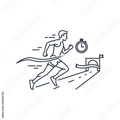 Running athlete crossing finish line vector, marathon runner winning race line art, sports competition and success icon