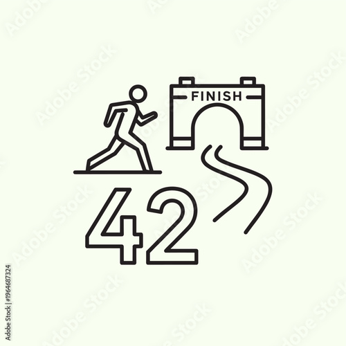 Marathon runner line icon with finish line arch and number 42. Jogging athlete vector, long distance race symbol.