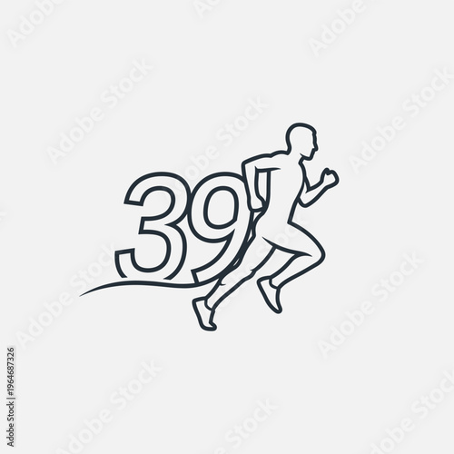 Minimalist running man logo with number 39, black line art sprinter vector, athletic marathon runner icon