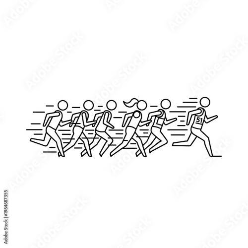 Minimalist running marathon vector, group of athletes sprinting in race, black line art runners with speed motion lines