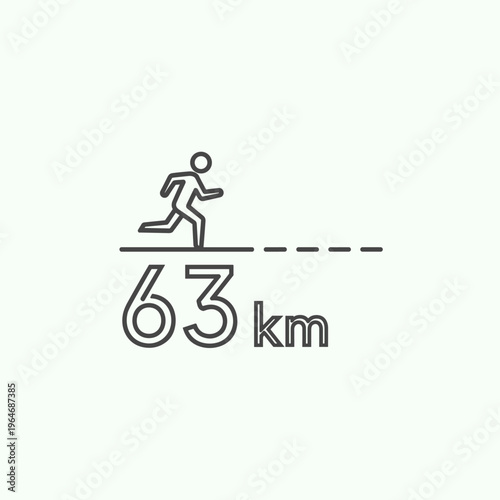 Running distance icon with 63 km text, minimalist marathon runner vector, fitness tracking and endurance sports graphic