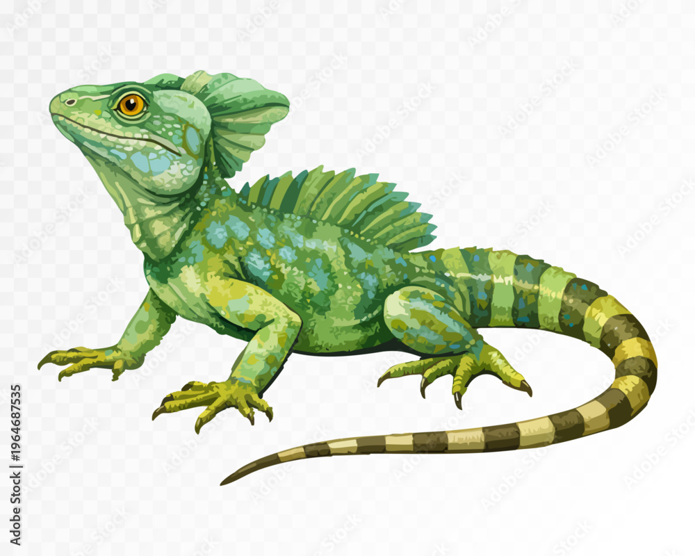 Fototapeta premium Green basilisk lizard with crest and long banded tail, exotic tropical reptile rendered in a detailed hand painted wildlife style, isolated natural history artwork for decor. Vector