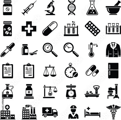 Medical and pharmacy icon set with lab equipment healthcare symbols and scientific research signs