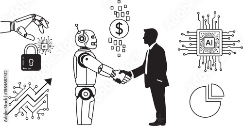 Robot and businessman fintech collaboration ai technology partnership for financial innovation