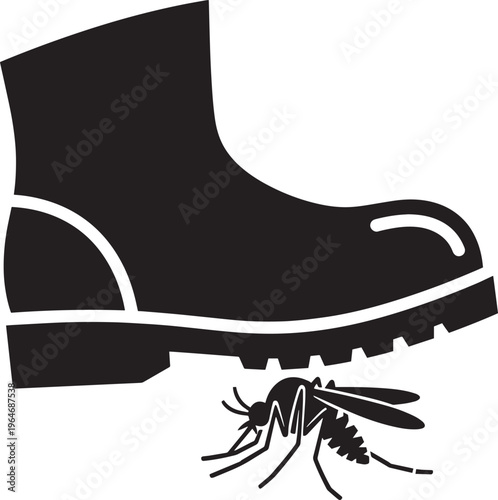 Boot stomping on mosquito vector illustration, symbolizing pest control, insect extermination, and disease prevention efforts.