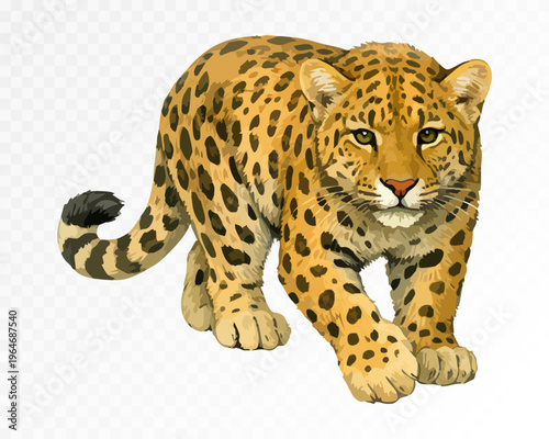 Realistic spotted leopard walking forward with focused gaze, powerful jungle cat rendered in a detailed hand painted wildlife style, isolated exotic predator artwork for nature themes. Vector