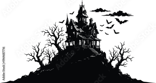 Haunted House Silhouette on Hill with Full Moon and Bats – Halloween Vector