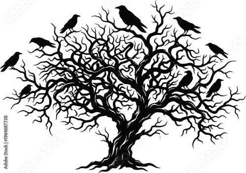 Dead Tree Silhouette with Crows – Creepy Nature Vector Art