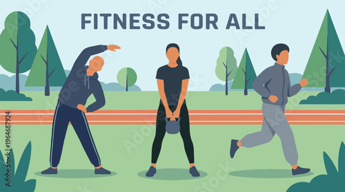 People exercising outdoors in a park, fitness and wellness for all concept