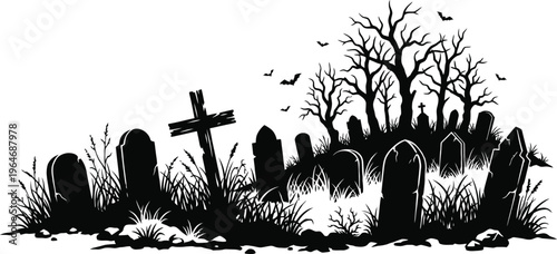 Spooky Graveyard Silhouette with Tombstones and Crosses