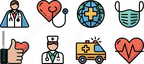 Set of medical and healthcare icons, physician with stethoscope, heart and globe, face mask, ambulance.