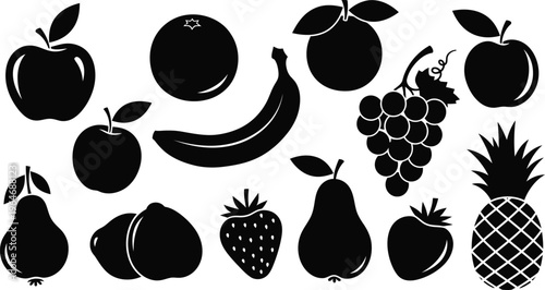 Fruit icons: apple, orange, banana, grapes, pear, strawberry, pineapple, tomato, black and white
