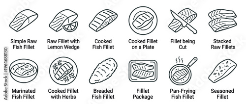 Fish fillet icons representing various stages of preparation, cooking, and serving seafood dishes in a collection.