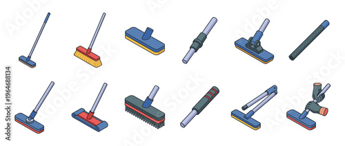 Collection of various isometric cleaning tools including mops, brooms, and squeegees for household and commercial sanitation.