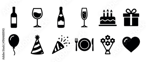 Celebration party icons set with various festive elements like champagne, cake, gifts, and balloons for special occasions.
