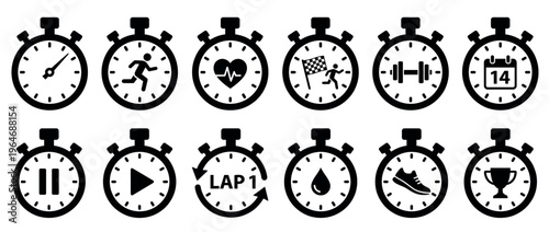 Stopwatch icons for sports and fitness activities, representing various aspects of training, timing, and achievement in a clean, modern design.