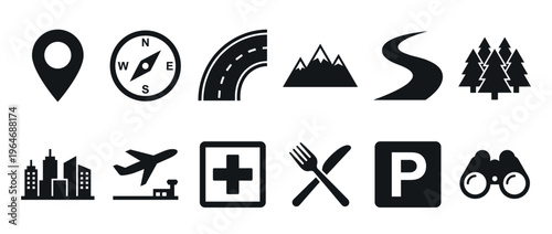 Travel navigation map service icons collection representing various destinations, directions, and essential amenities for journeys and exploration.