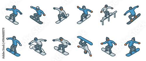 Dynamic isometric illustrations of snowboarders engaging in various winter sports activities and freestyle tricks.