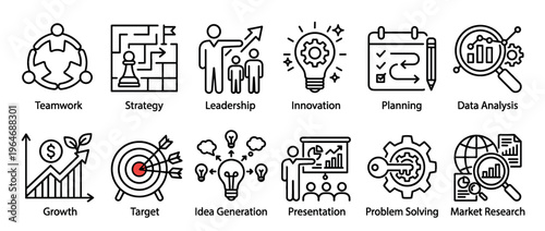Business management concept icons illustrating various aspects of corporate strategy, teamwork, innovation, and growth.