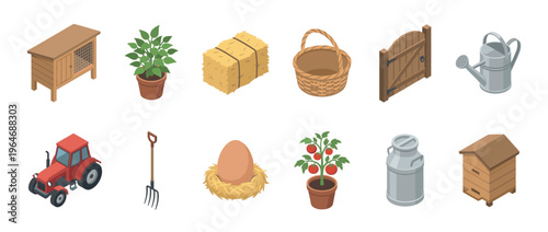 Isometric farm objects collection featuring various agricultural tools, animal housing, and produce for rural life illustrations.