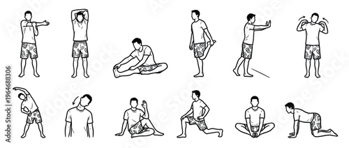 Man stretching exercises set, demonstrating various warm-up and cool-down poses for fitness, flexibility, and physical health.