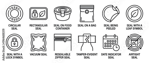 Packaging seals and security icons illustrating various types of closures for food and product containers and bags in a line art style.