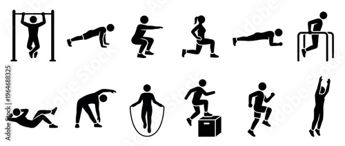 Exercise icons depicting various fitness activities and workout routines for health, wellness, and physical training concepts.