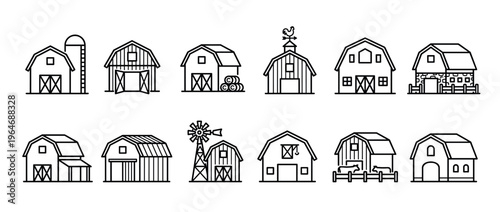 Barn icons set featuring various agricultural structures like silos, windmills, and hay bales in a simple line art style.