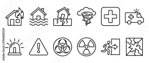 Collection of disaster and emergency outline icons representing natural catastrophes, hazards, and safety measures for various situations.