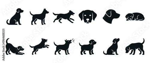 Dogs silhouettes collection showing various poses and expressions of playful and loyal canine companions in a versatile vector set.